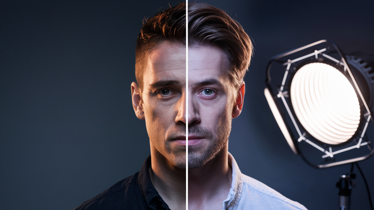 Lighting comparison showing dramatic difference between poor and professional lighting