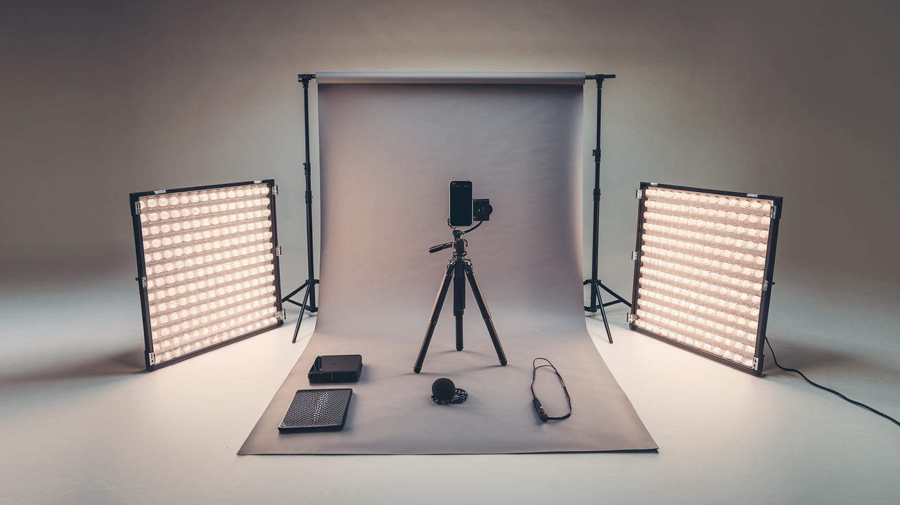 Professional self-tape setup with lights, tripod, backdrop, and accessories